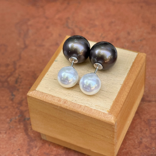 Sterling Silver Double-Ended White + Black Gray Pearl Ball Earrings