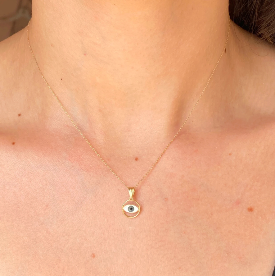 14KT Yellow Gold Blue Enamel Round Evil Eye Detailed Pendant Charm Small