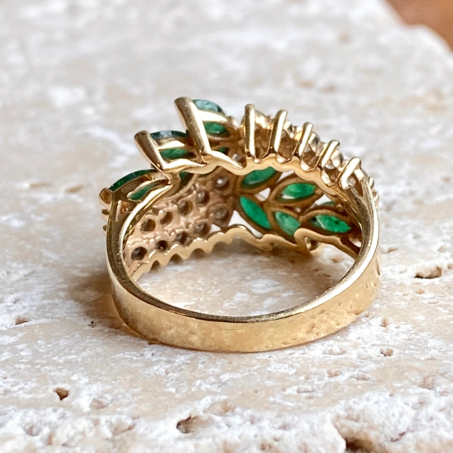 Estate 14KT Yellow Gold Marquise Colombian Emerald + Diamond Ring - LSJ