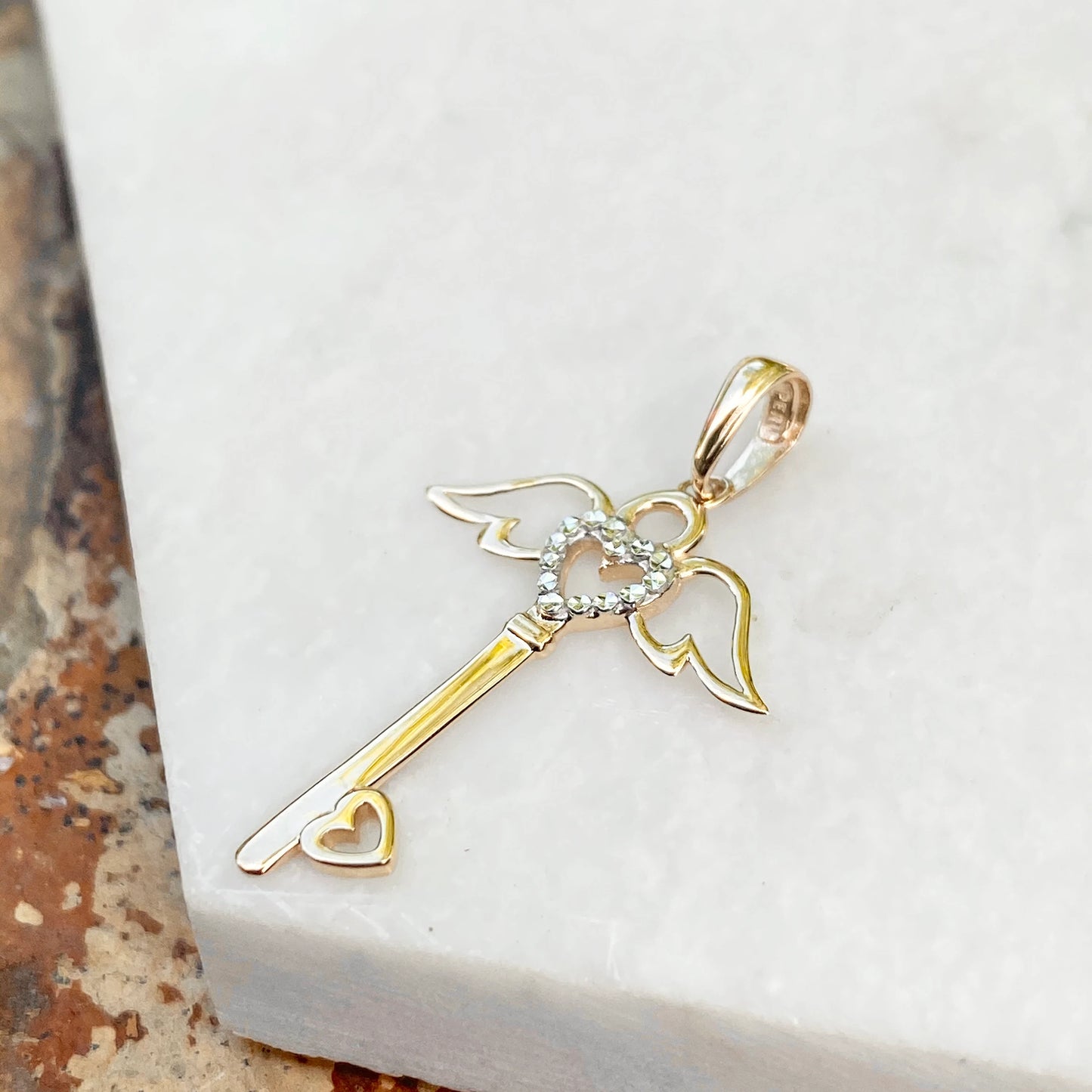 14KT Yellow Gold Diamond-Cut Heart + Angel Wings Key Pendant Charm