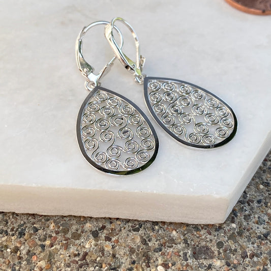 14KT White Gold Teardrop Filigree Open Work Swirl Design Dangle Earrings