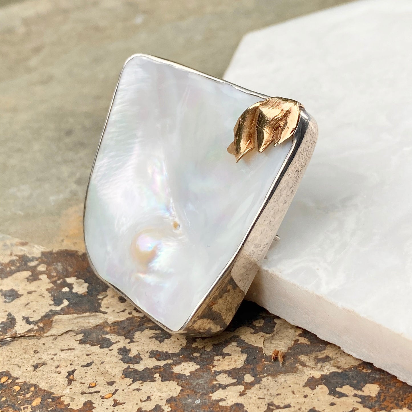 14KT Yellow Gold Sterling Silver Mabe Blister Pearl Pin Pendant Signed