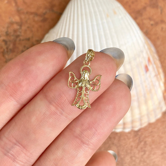 10KT Yellow Gold Guardian Angel Filigree Cut-Out 2D Textured Pendant Charm