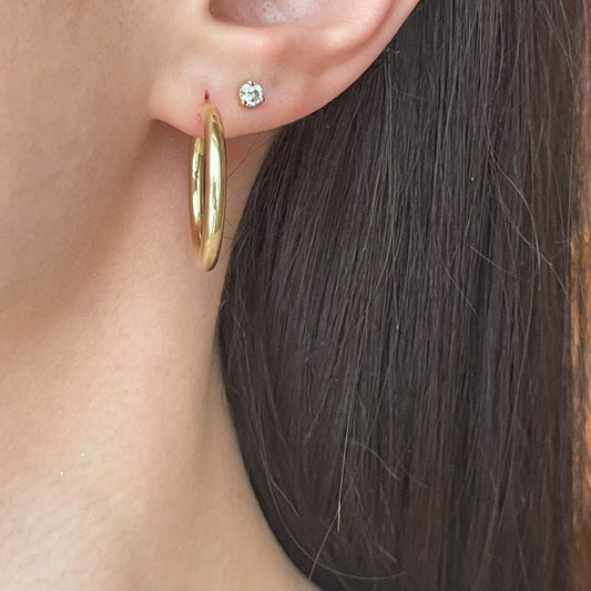 14KT Yellow Gold Shiny Hollow 3mm Tube Hoop Earrings 25mm