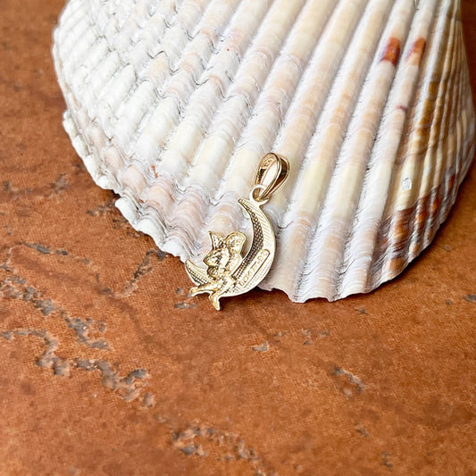 Two-Tone 14KT Yellow Gold Guardian Angel +Moon Pendant Charm