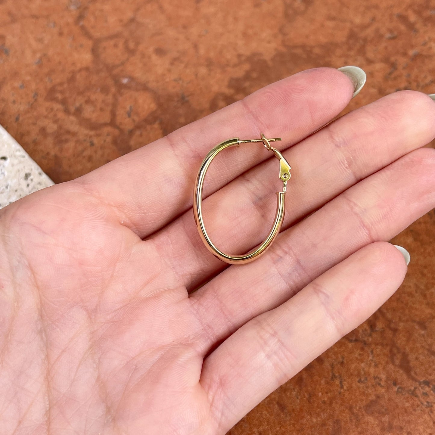 14KT Yellow Gold Oval Hoop Omega Back Earrings 30mm