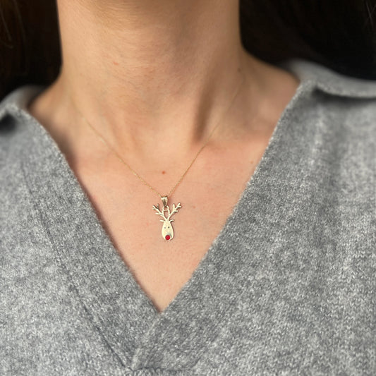 14KT Yellow Gold Reindeer Red Enamel Nose Flat Pendant Charm
