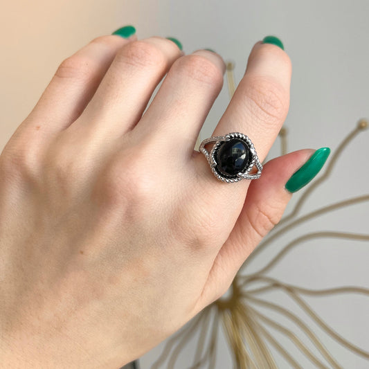 Sterling Silver Oval Black Onyx Rope Twist Band Ring - LSJ