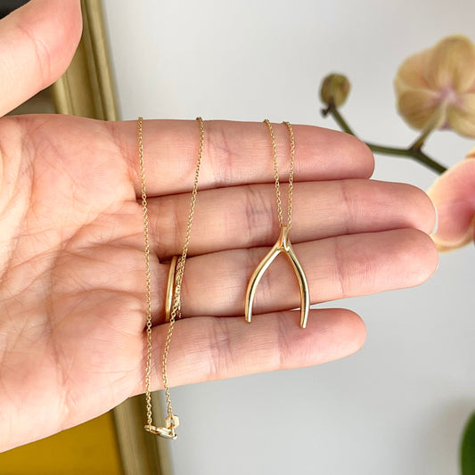 14KT Yellow Gold Wishbone Lucky Pendant Chain Necklace 18"