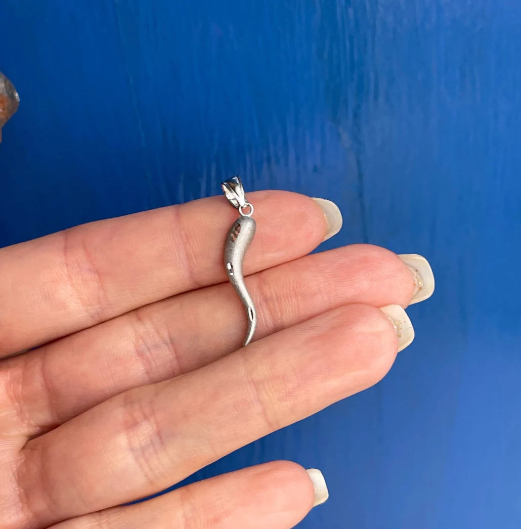 14KT White Gold Diamond-Cut "Cornicello" Italian Horn Pendant 30mm