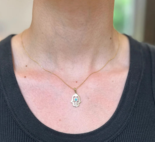 14KT Yellow Gold Turquoise Star of David Hamsa Pendant