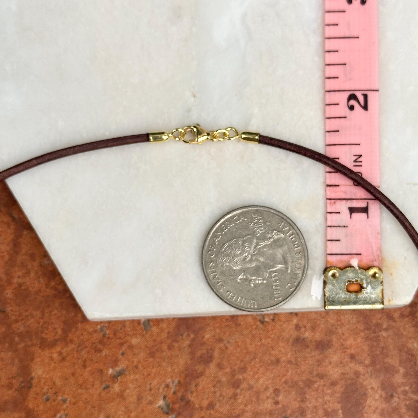 14KT Yellow Gold Dark Brown Leather Cord Necklace 15"