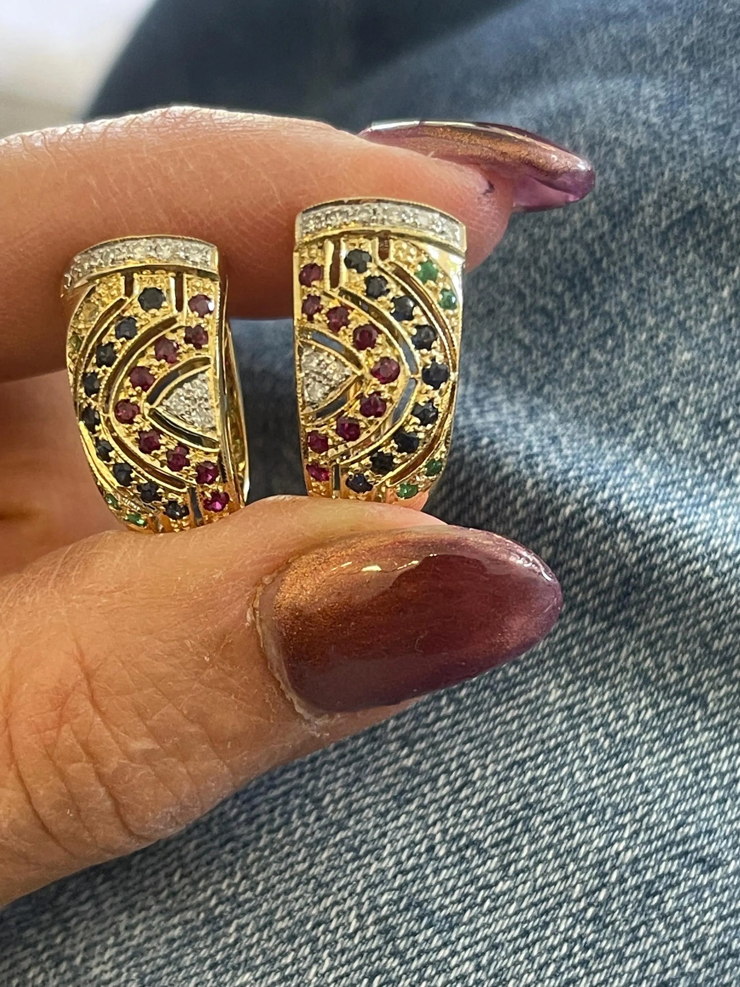 Estate 18KT Yellow Gold Diamond + Emerald, Sapphire, Ruby Half-Hoop Earrings