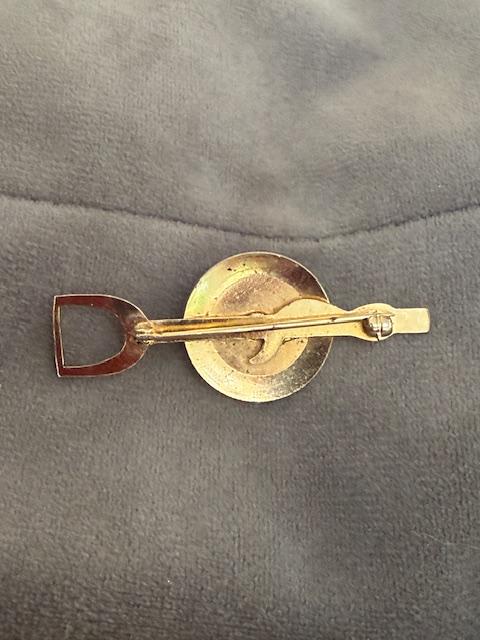 Estate Antique Gold Tone Painted Horse Crystal Stirrup Pin Brooch