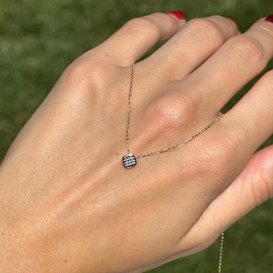 14KT Yellow Gold Pave Square Diamond Pendant Mini Necklace 16"-18"