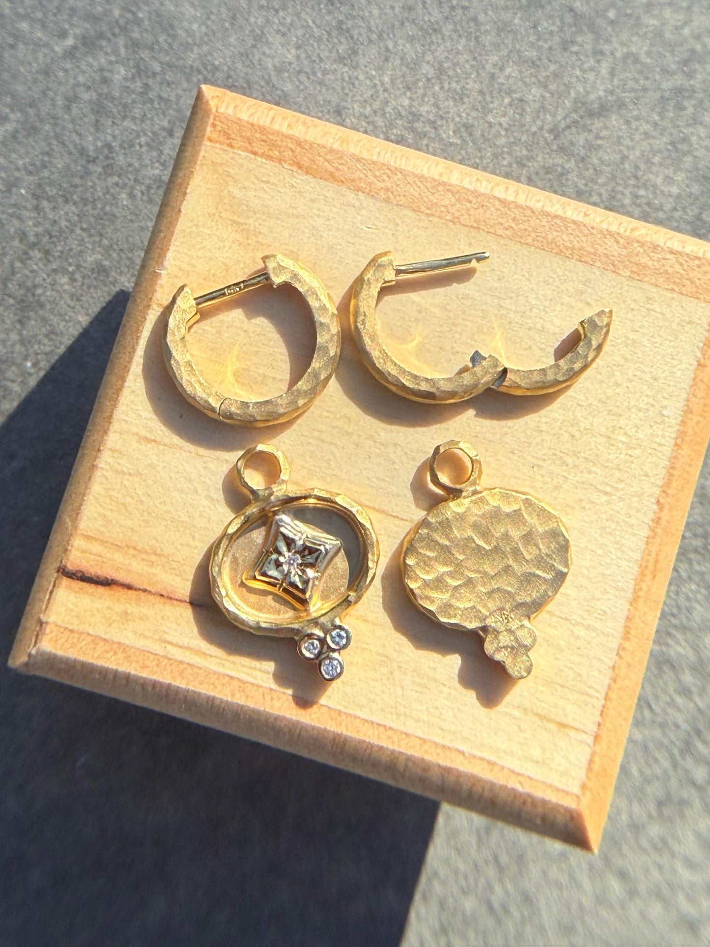 14KT Yellow Gold Hammered Huggie Hoop Round Diamond Earring Dangles Charms