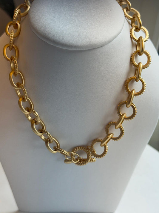 Yellow Gold-Plated Beaded Oval Link Matte Necklace + Toggle Clasp 29.5''