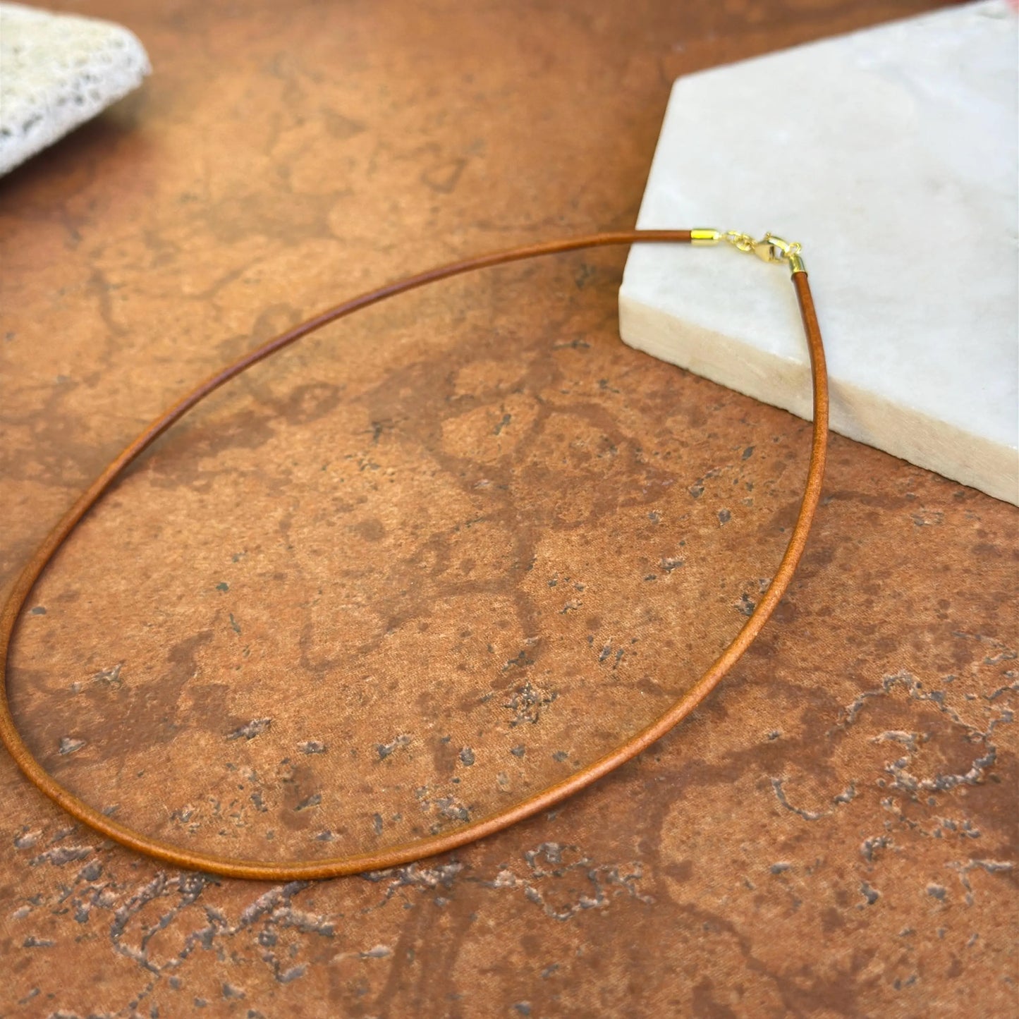14KT Yellow Gold Tan Brown Leather Cord Necklace