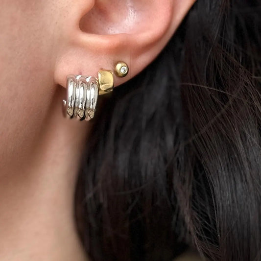 Sterling Silver Ribbed Chunky C-Shape Hoop Earrings Statement