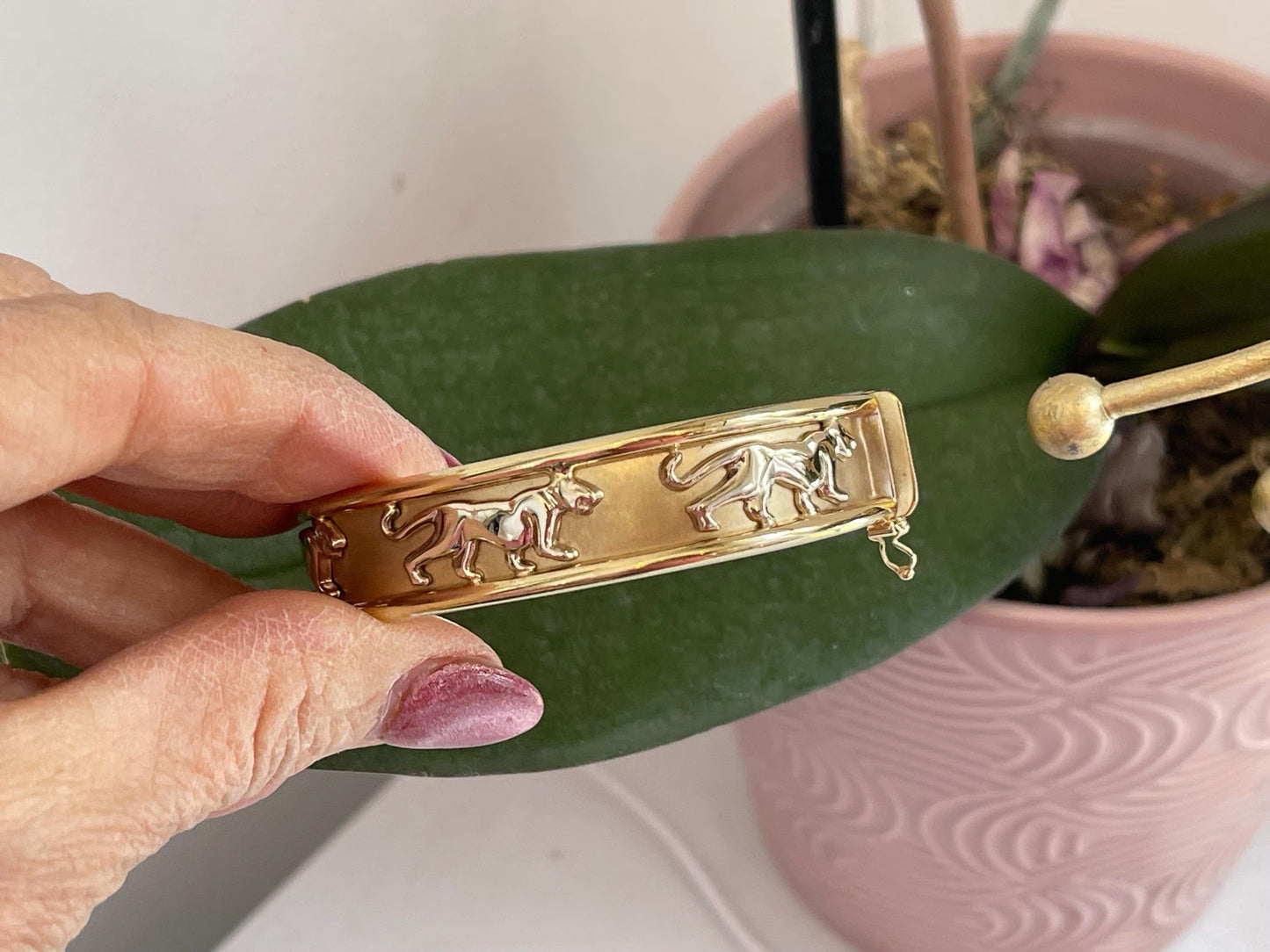 Estate 14KT Yellow + White Gold Panther Cat Bangle Bracelet
