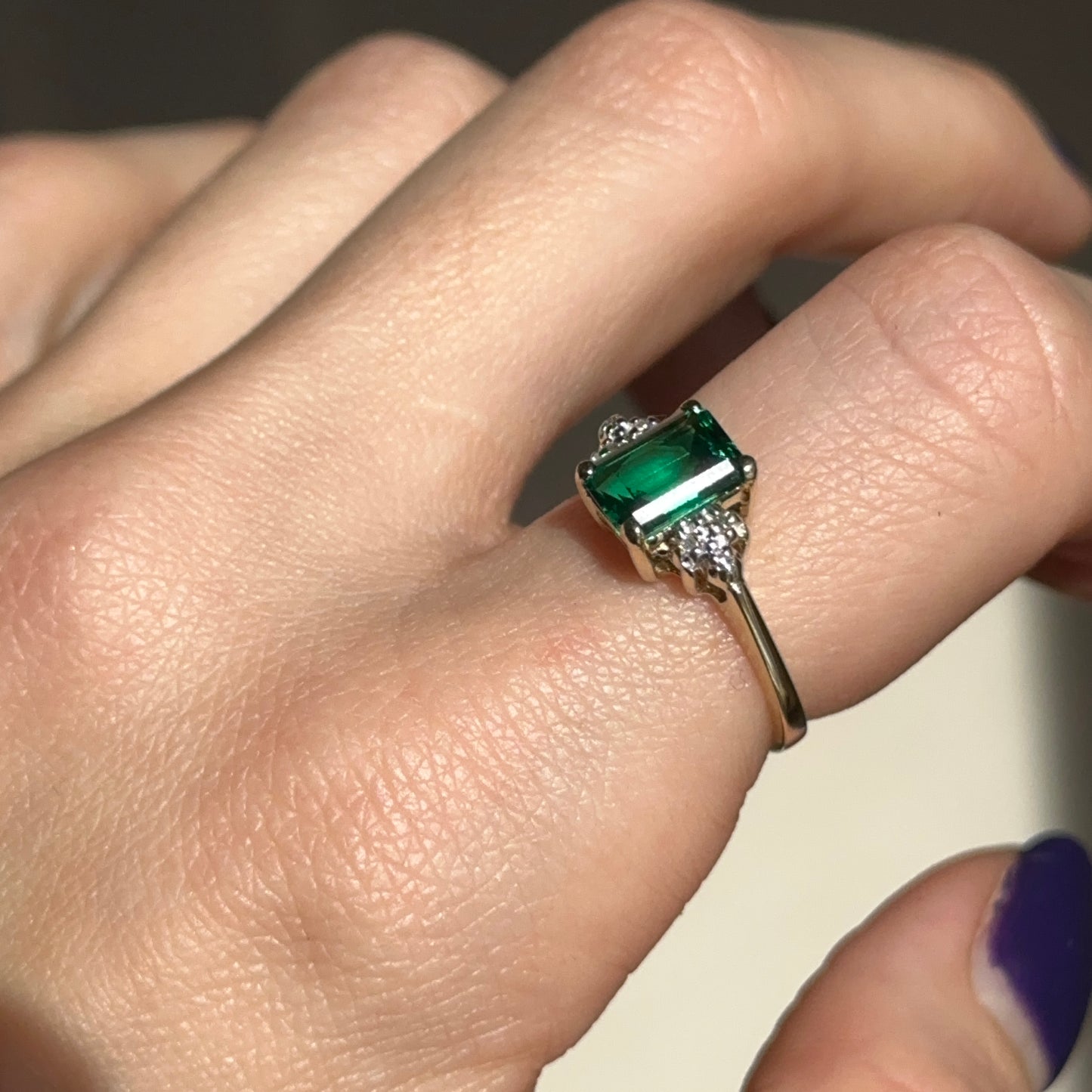Estate 10KT Yellow Gold Emerald-Cut Lab Created Emerald + Round Diamond Ring - LSJ