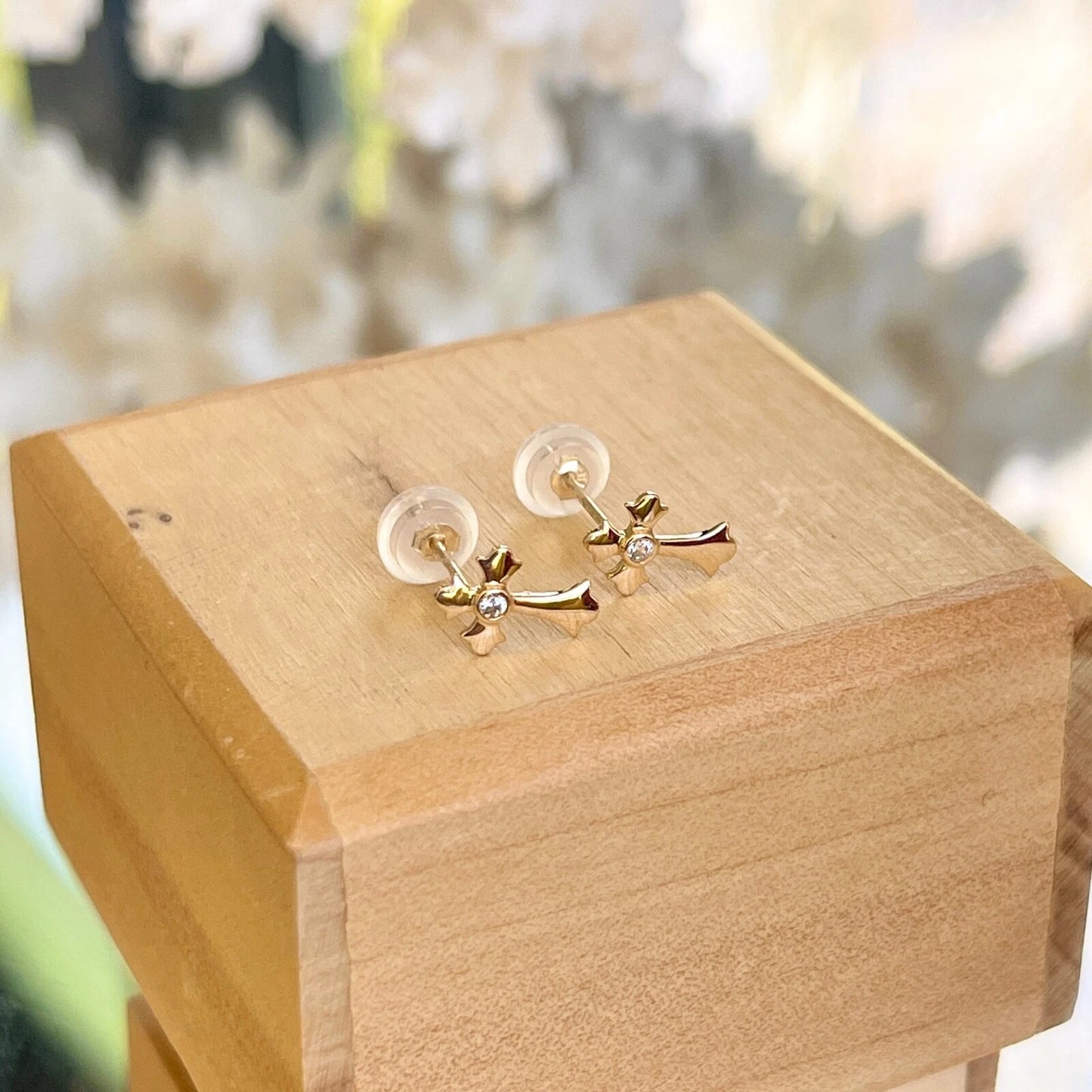 14KT Yellow Gold CZ Stone Cross Post Stud Earrings