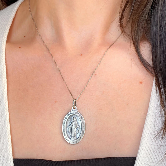 Sterling Silver Oval Antiqued Miraculous Mary Medal Pendant 40mm