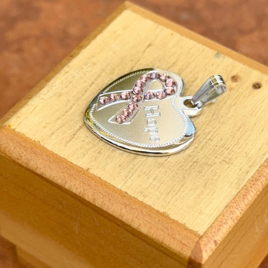 Sterling Silver Pink Crystal Breast Cancer Awareness Ribbon Hope Pendant Charm