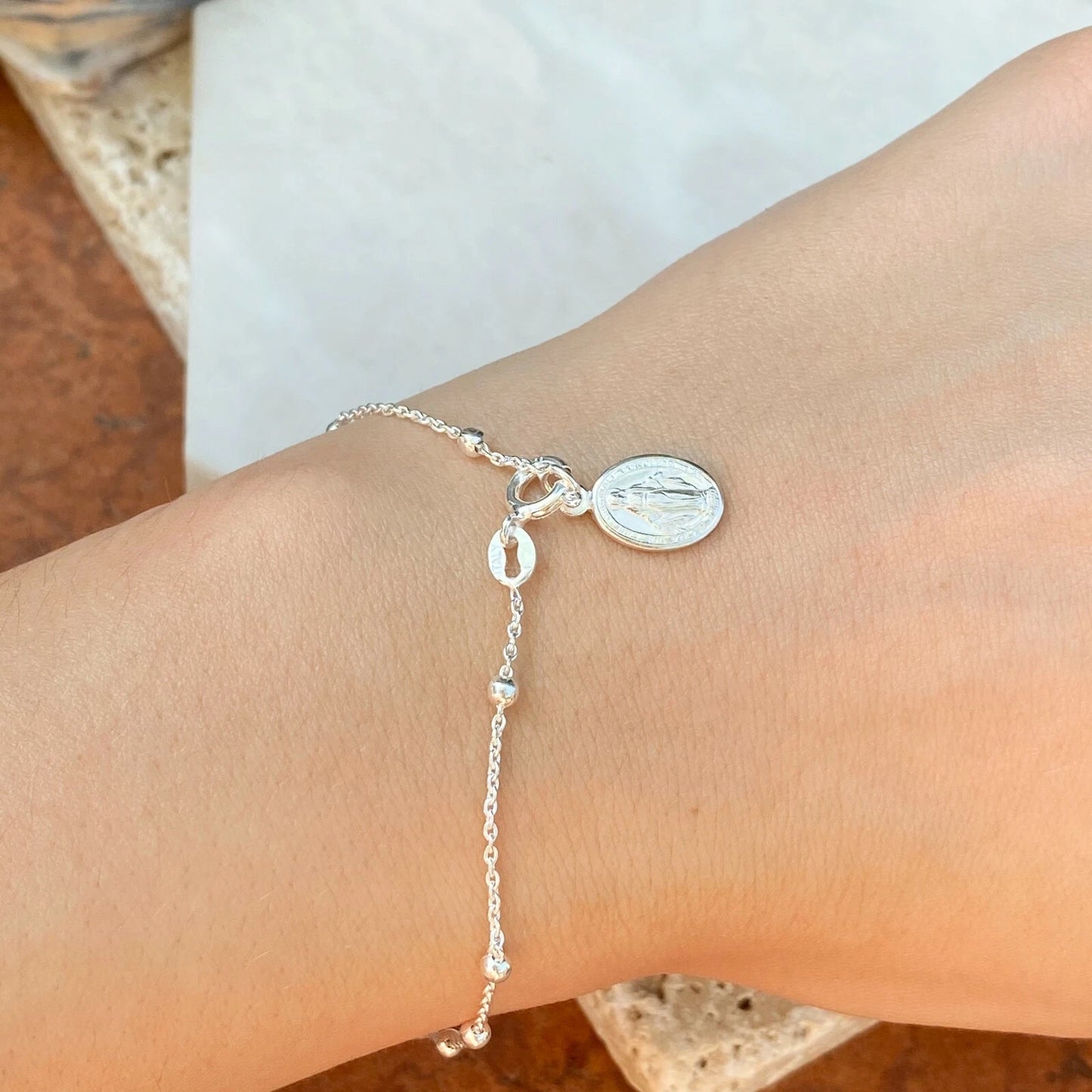 Sterling Silver Polished Beaded Chain Rosary Miraculous Medal Bracelet