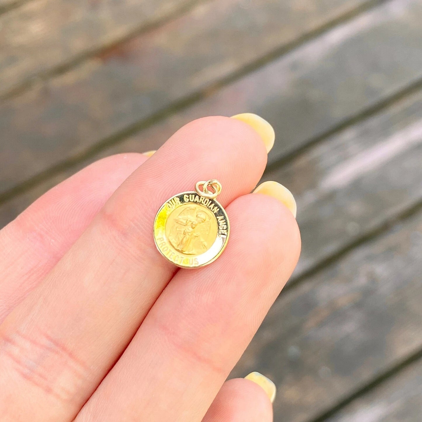 14KT Yellow Gold Guardian Angel Protect Us Round Medal Pendant Charm 12mm