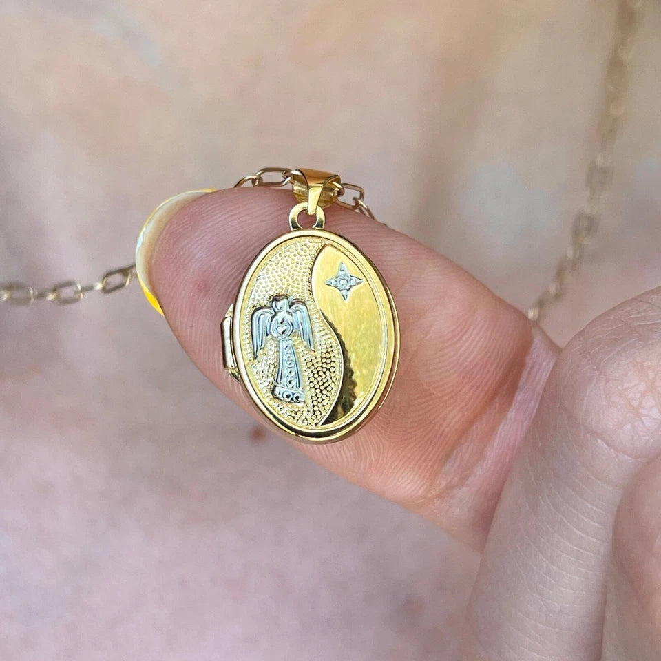 14KT Yellow Gold White Rhodium Guardian Angel Locket Pendant