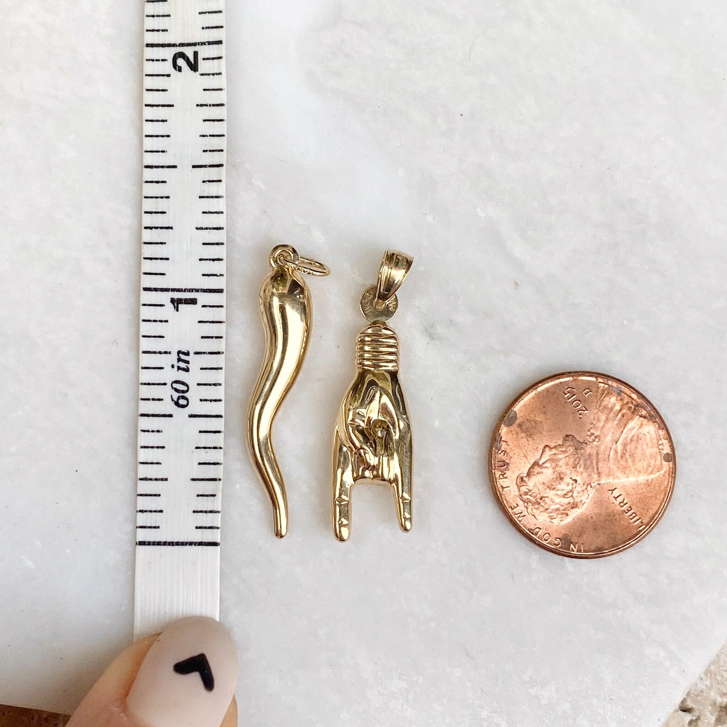14KT Yellow Gold Corno Italian Horn + Mano Cornuto Pendant Set Large Size 30mm - LSJ