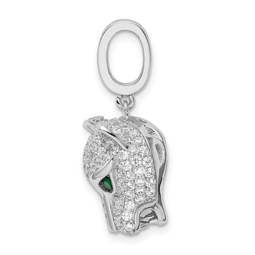 Sterling Silver Pave White CZ + Green CZ Panther Head Pendant Charm