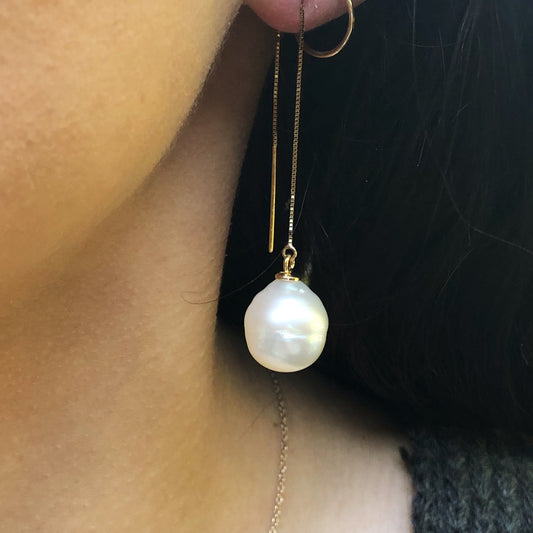14KT Yellow Gold Paspaley Pearl Threader Box Chain Earrings, 14KT Yellow Gold Paspaley Pearl Threader Box Chain Earrings - Legacy Saint Jewelry