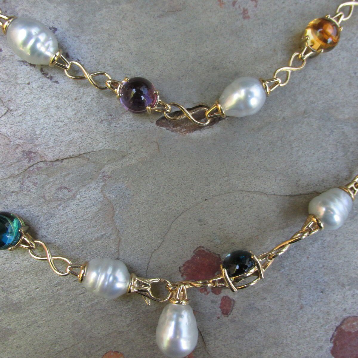 14KT Yellow Gold Paspaley Pearl, Citrine, Amethyst + Topaz Station Lariat Necklace 25" - Legacy Saint Jewelry