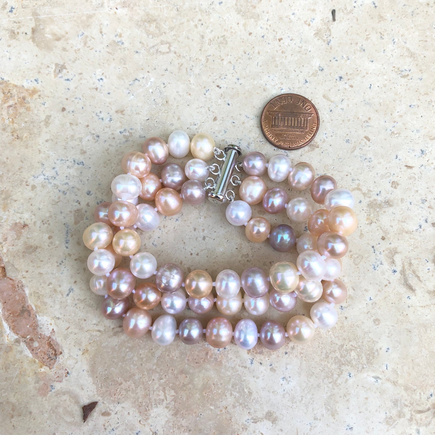 Sterling Silver White + Pink Freshwater Cultured Pearl Triple Strand Bracelet, Sterling Silver White + Pink Freshwater Cultured Pearl Triple Strand Bracelet - Legacy Saint Jewelry