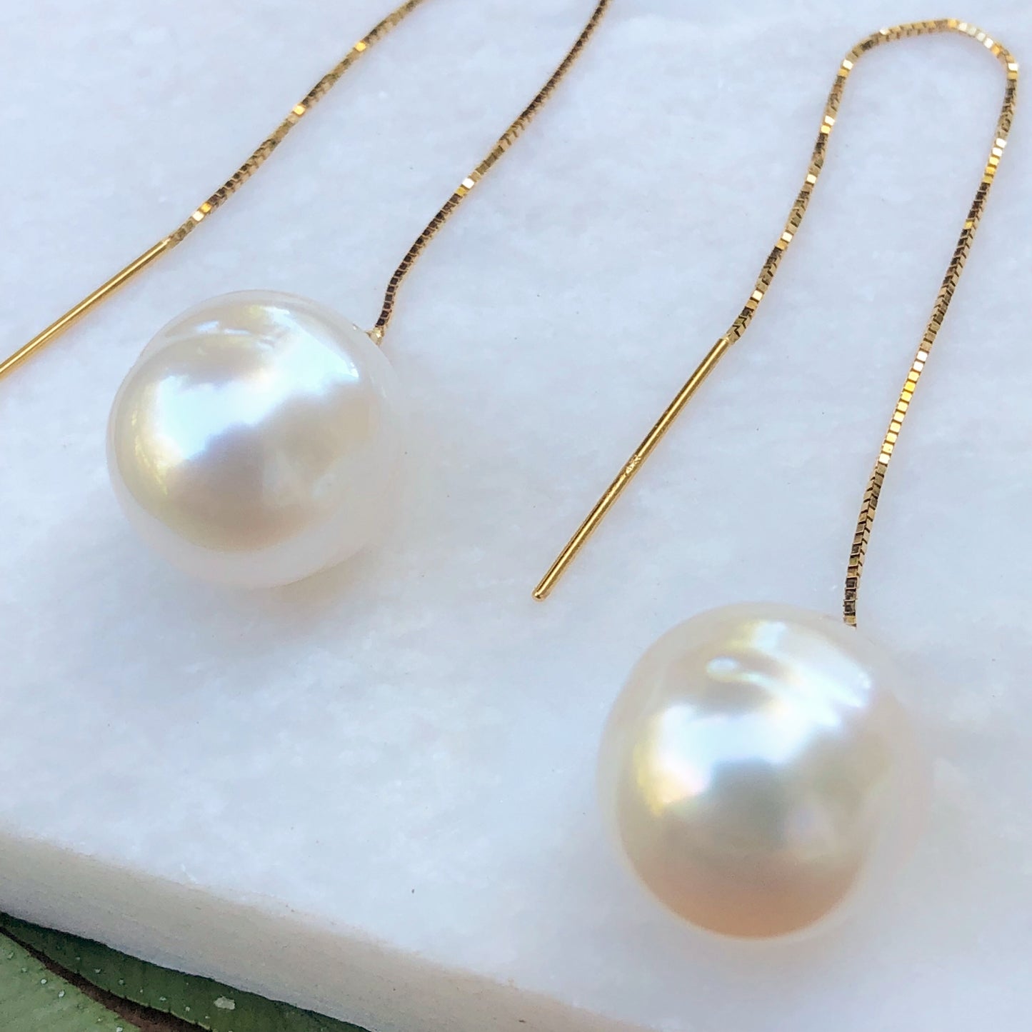 14KT Yellow Gold Paspaley Pearl Threader Box Chain Earrings, 14KT Yellow Gold Paspaley Pearl Threader Box Chain Earrings - Legacy Saint Jewelry