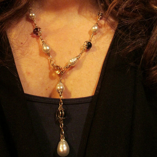 14KT Yellow Gold Paspaley Pearl, Citrine, Amethyst + Topaz Station Lariat Necklace 25" - Legacy Saint Jewelry