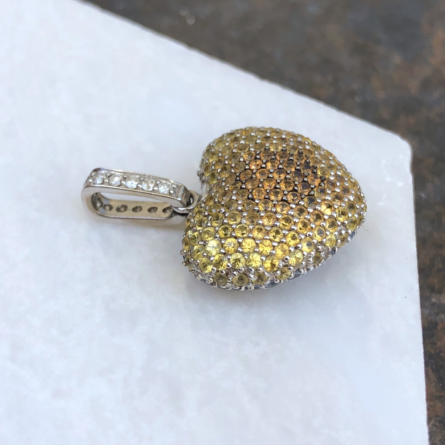 14KT White Gold Pave Diamond, Pave Blue + Yellow Sapphire Reversible Heart Pendant, 14KT White Gold Pave Diamond, Pave Blue + Yellow Sapphire Reversible Heart Pendant - Legacy Saint Jewelry