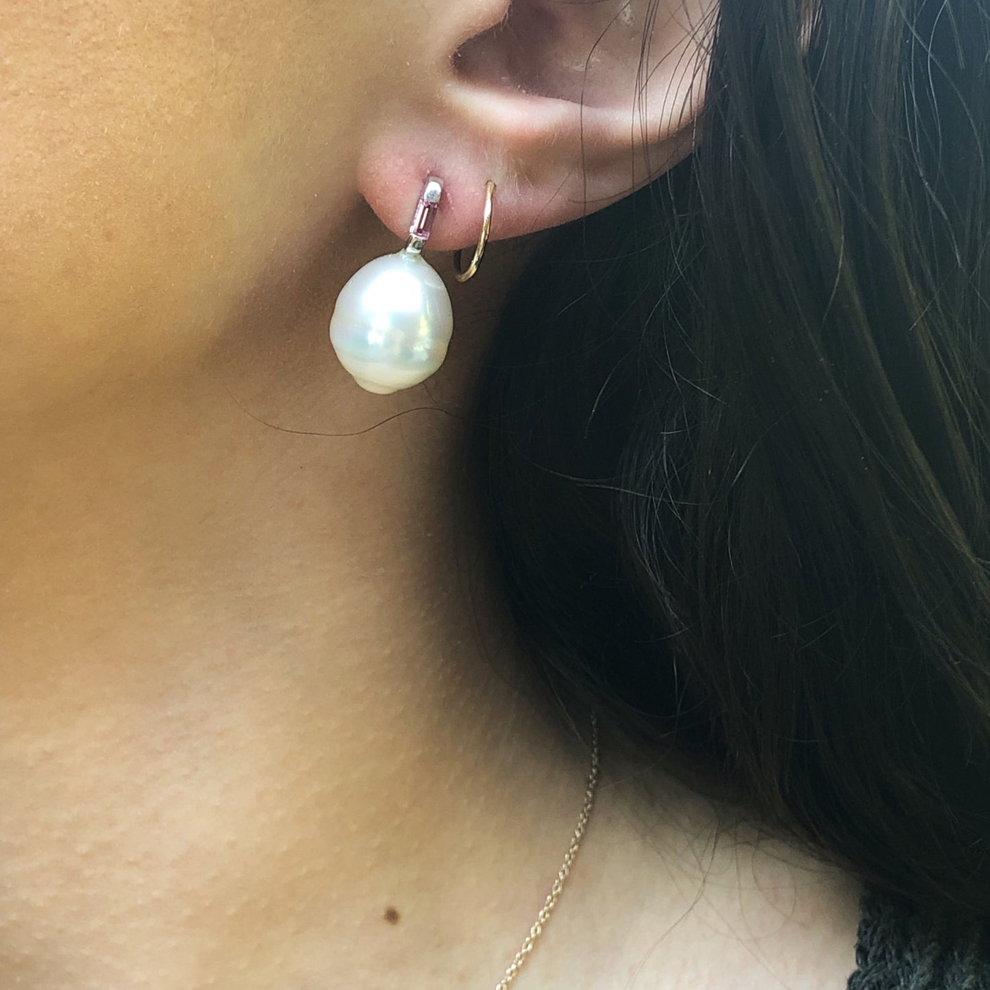 14KT White Gold Paspaley Pearl + Baguette Pink Sapphire Earrings, 14KT White Gold Paspaley Pearl + Baguette Pink Sapphire Earrings - Legacy Saint Jewelry