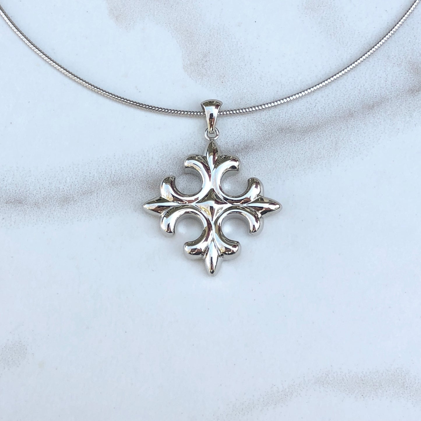 Alwand Vahan 14KT White Gold Fleur de Lis Cross Pendant - Legacy Saint Jewelry