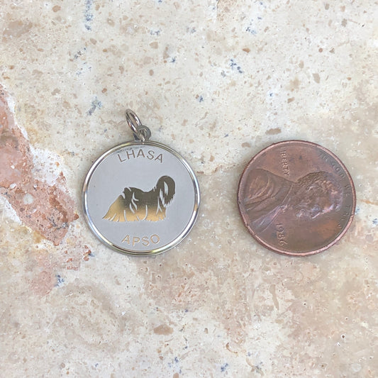 Sterling Silver Lhasa Apso Pendant Charm Satin Disc, Sterling Silver Lhasa Apso Pendant Charm Satin Disc - Legacy Saint Jewelry