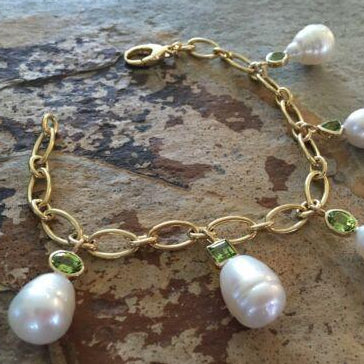 14KT Yellow Gold Peridot + Paspaley South Sea Pearl Charm Bracelet, 14KT Yellow Gold Peridot + Paspaley South Sea Pearl Charm Bracelet - Legacy Saint Jewelry