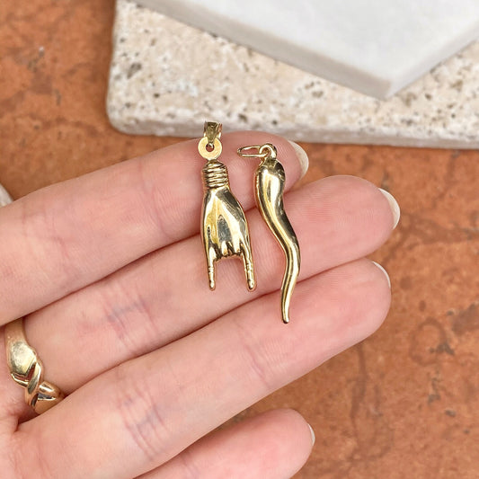 14KT Yellow Gold Corno Italian Horn + Mano Cornuto Pendant Set Large Size 30mm