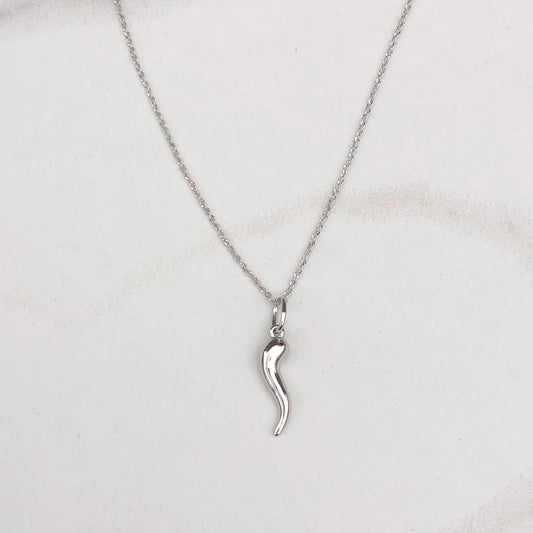 14KT White Gold "Cornicello" Italian Horn Pendant Charm, 14KT White Gold "Cornicello" Italian Horn Pendant Charm - Legacy Saint Jewelry