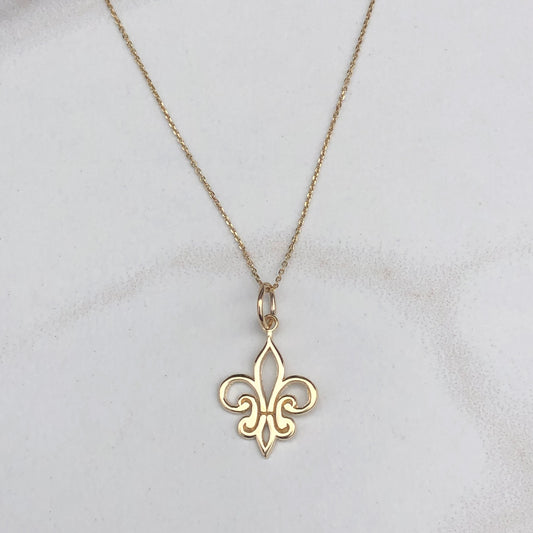 OOO 14KT Yellow Gold Small Cut-Out Fleur de Lis Pendant Charm, OOO 14KT Yellow Gold Small Cut-Out Fleur de Lis Pendant Charm - Legacy Saint Jewelry