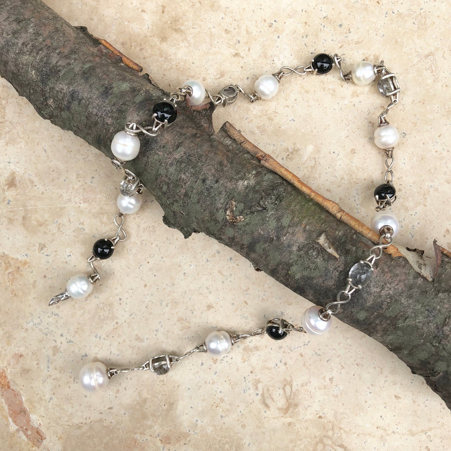 Sterling Silver Paspaley South Sea Pearl, Onyx + Quartz Lariat Necklace, Sterling Silver Paspaley South Sea Pearl, Onyx + Quartz Lariat Necklace - Legacy Saint Jewelry