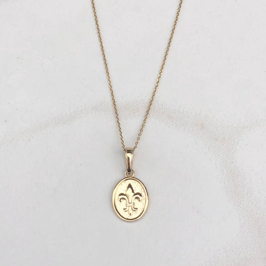 14KT Yellow Gold Fleur de Lis Oval Pendant Charm, 14KT Yellow Gold Fleur de Lis Oval Pendant Charm - Legacy Saint Jewelry