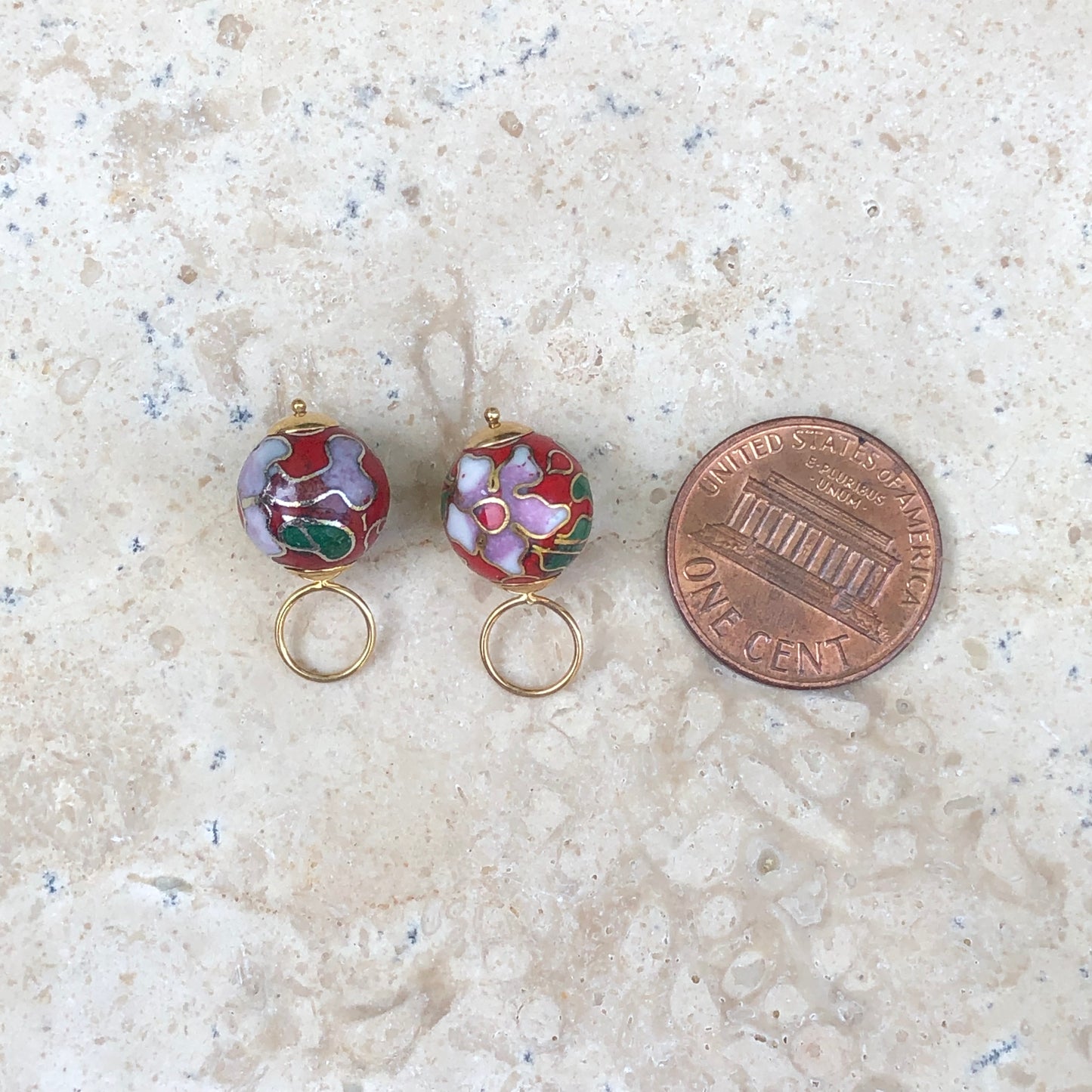 14KT Yellow Gold Red Cloisonne Ball Earring Charms, 14KT Yellow Gold Red Cloisonne Ball Earring Charms - Legacy Saint Jewelry