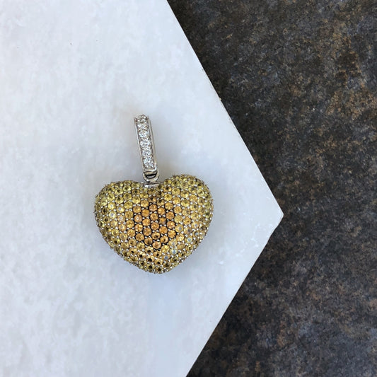 14KT White Gold Pave Diamond, Pave Blue + Yellow Sapphire Reversible Heart Pendant, 14KT White Gold Pave Diamond, Pave Blue + Yellow Sapphire Reversible Heart Pendant - Legacy Saint Jewelry